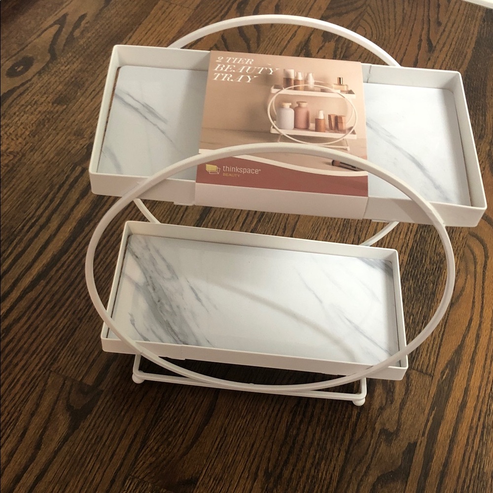 Thinkspace White Marble Two-Tier Vanity Tray with Metal Frame